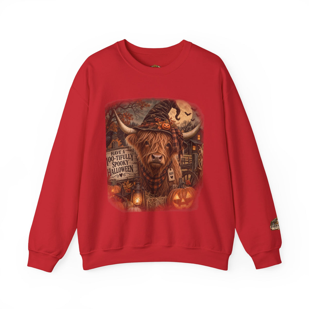 Halloween Highland Cow Sweatshirt – "Have a Moo-tifully Spooky Halloween" Crewneck-Flour and Foundry Mercantile Co.