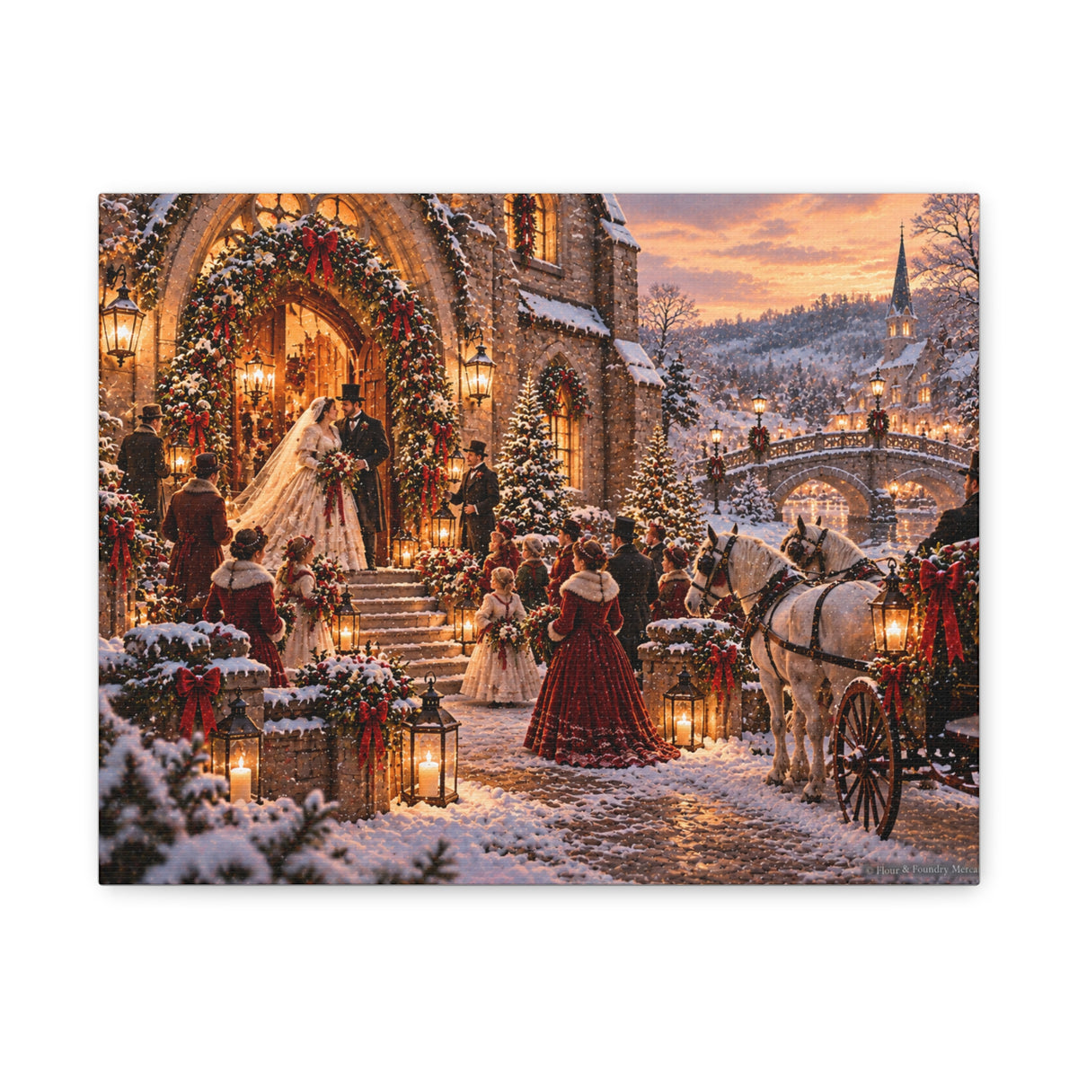 Victorian Christmas Wedding Church Scene Canvas