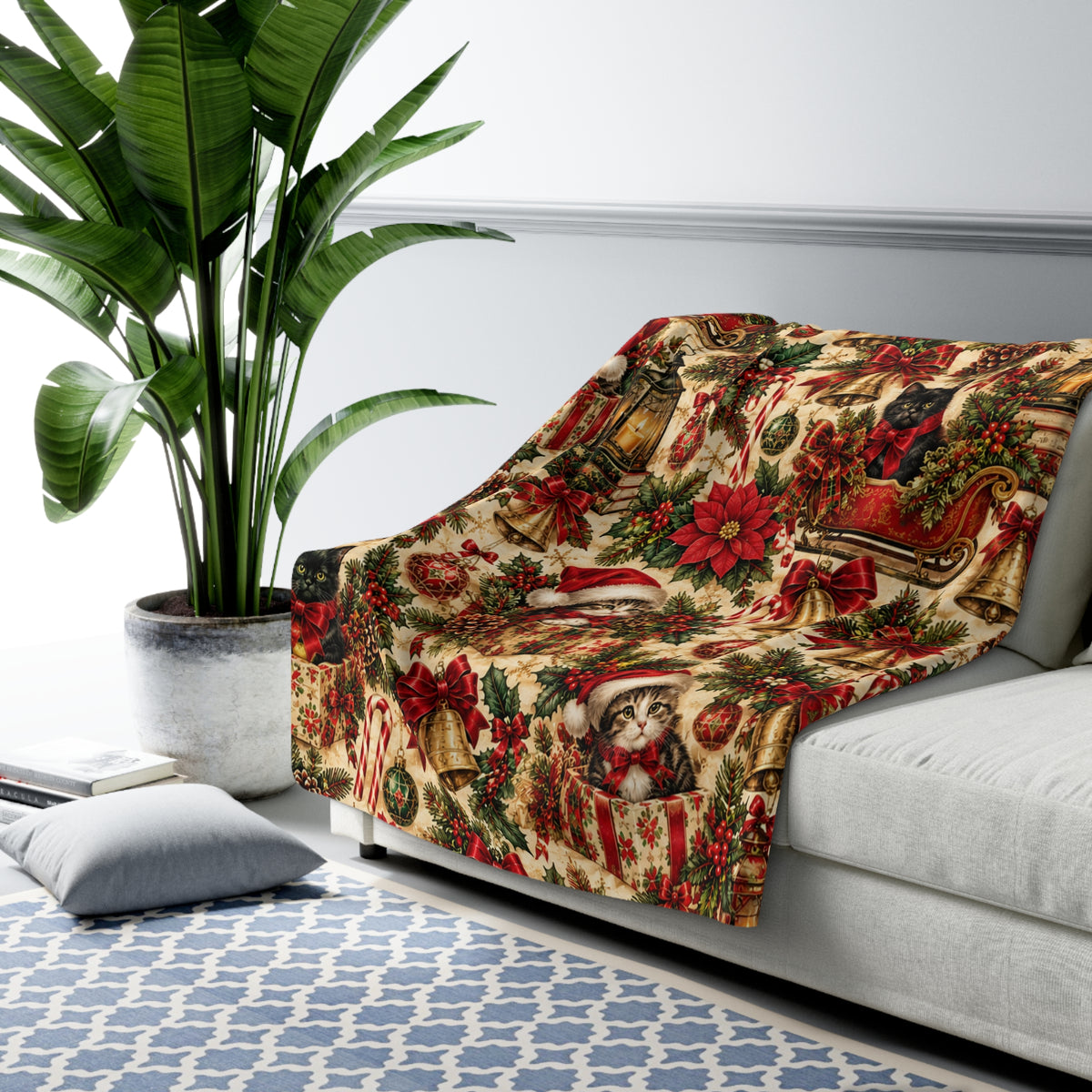 Christmas Poinsettia & Kitten Santa Sherpa Blanket — Festive Holiday Throw