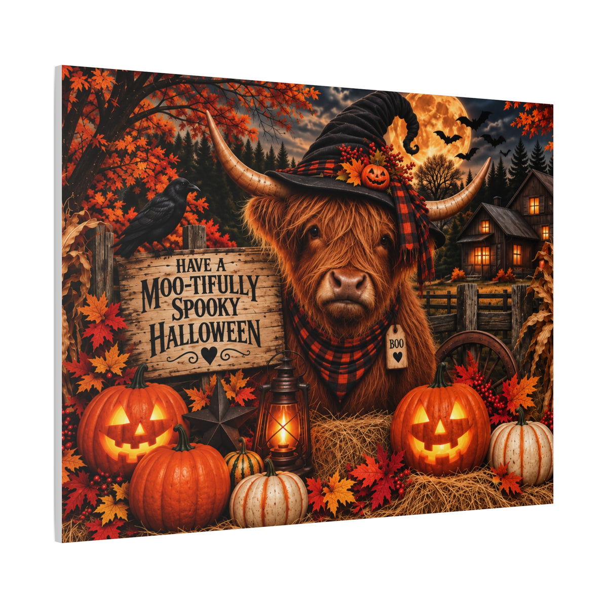 Halloween Highland Cow Canvas – "Have a Moo-tifully Spooky Halloween" Matte Stretched Wall Art