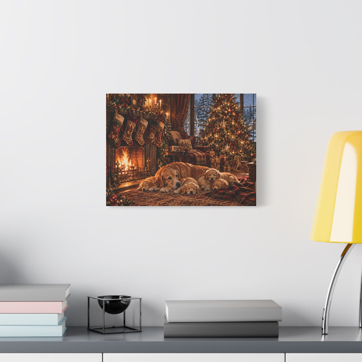 Cozy Christmas Dogs by the Fireplace Canvas Wall Art