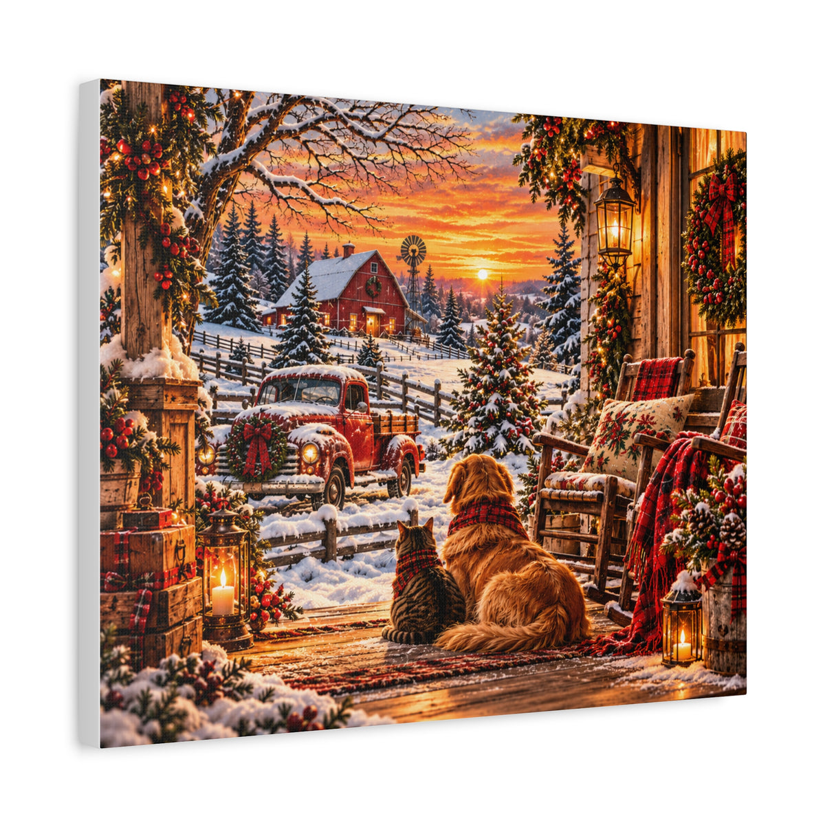 Snowy Winter Porch Scene with Dog & Cat-Christmas Farmhouse Canvas Print