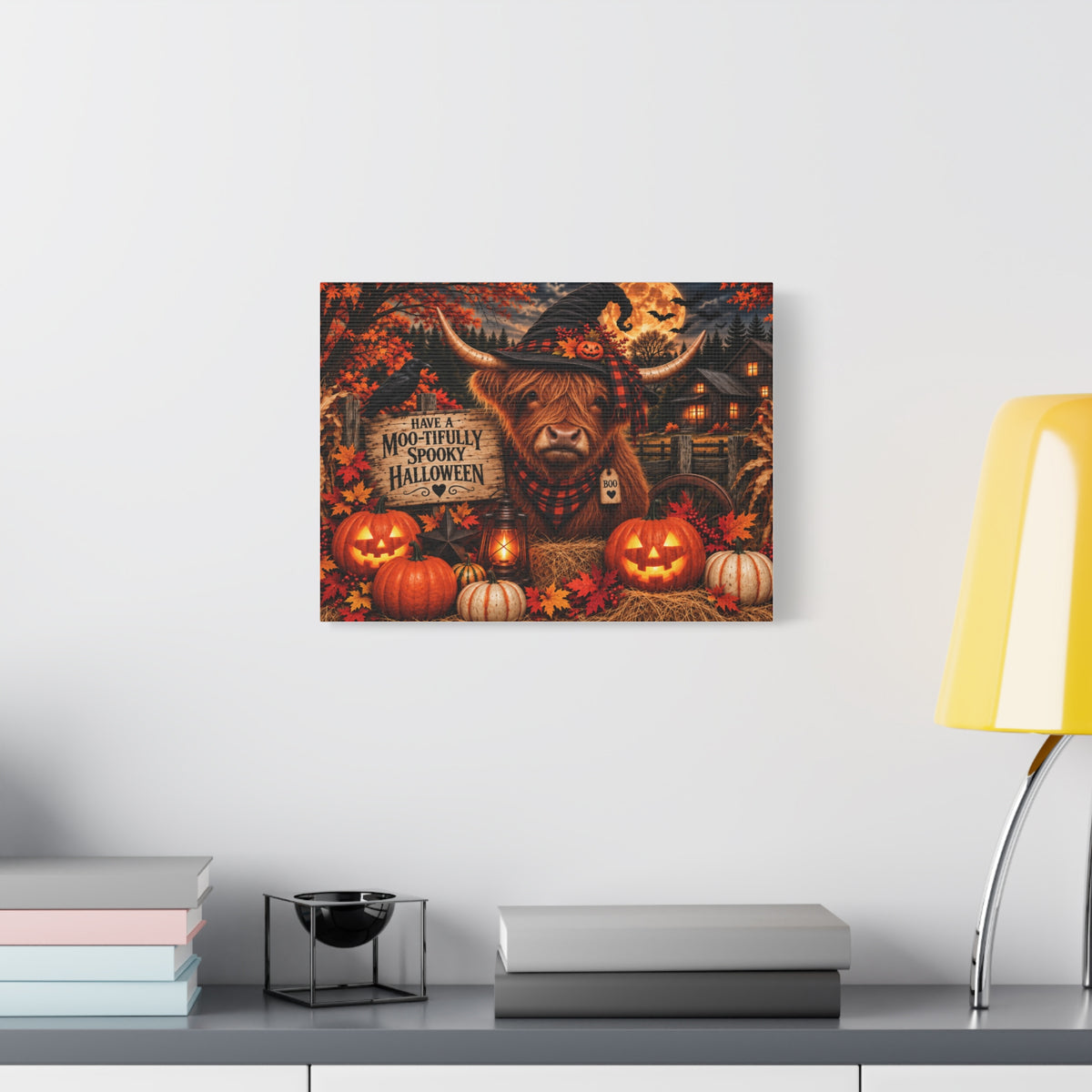 Halloween Highland Cow Canvas – "Have a Moo-tifully Spooky Halloween" Matte Stretched Wall Art