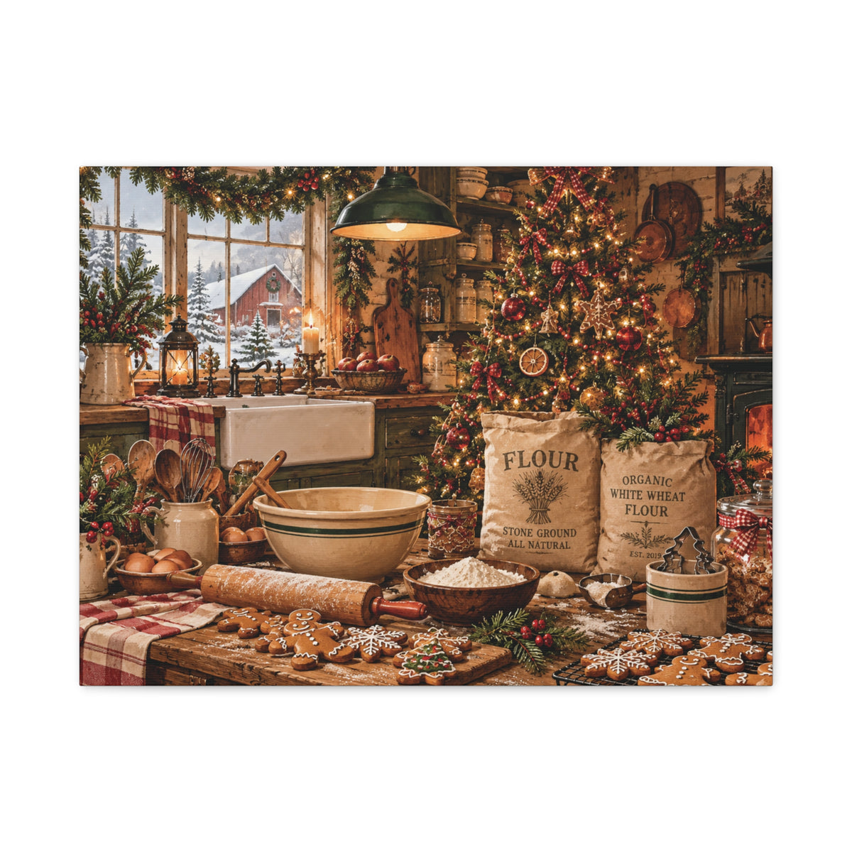 Christmas Kitchen Canvas Wall Art — Cozy Holiday Baking Scene, Rustic Farmhouse Holiday Decor