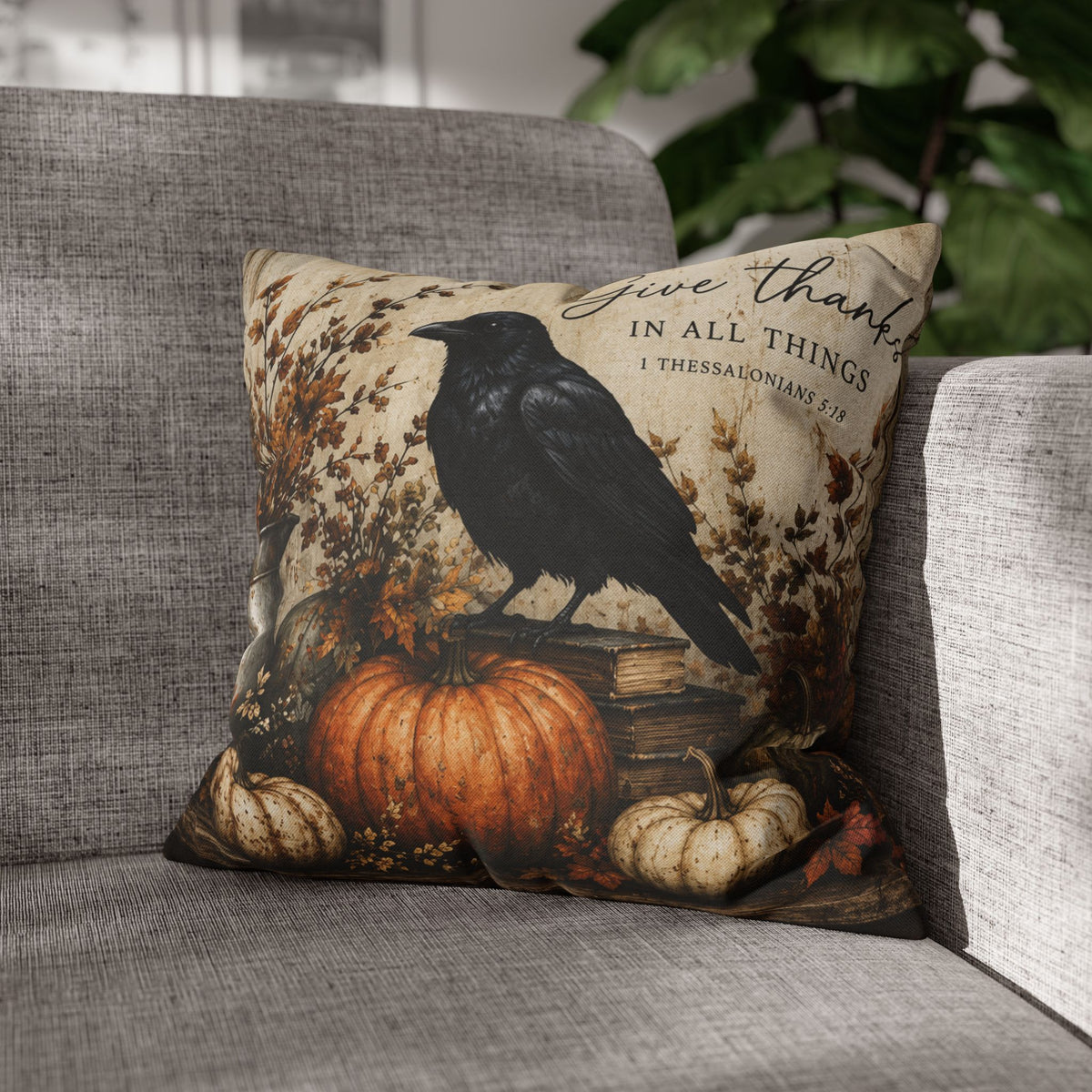 Give Thanks Crow Pumpkin Pillowcase | Fall Thanksgiving Decor