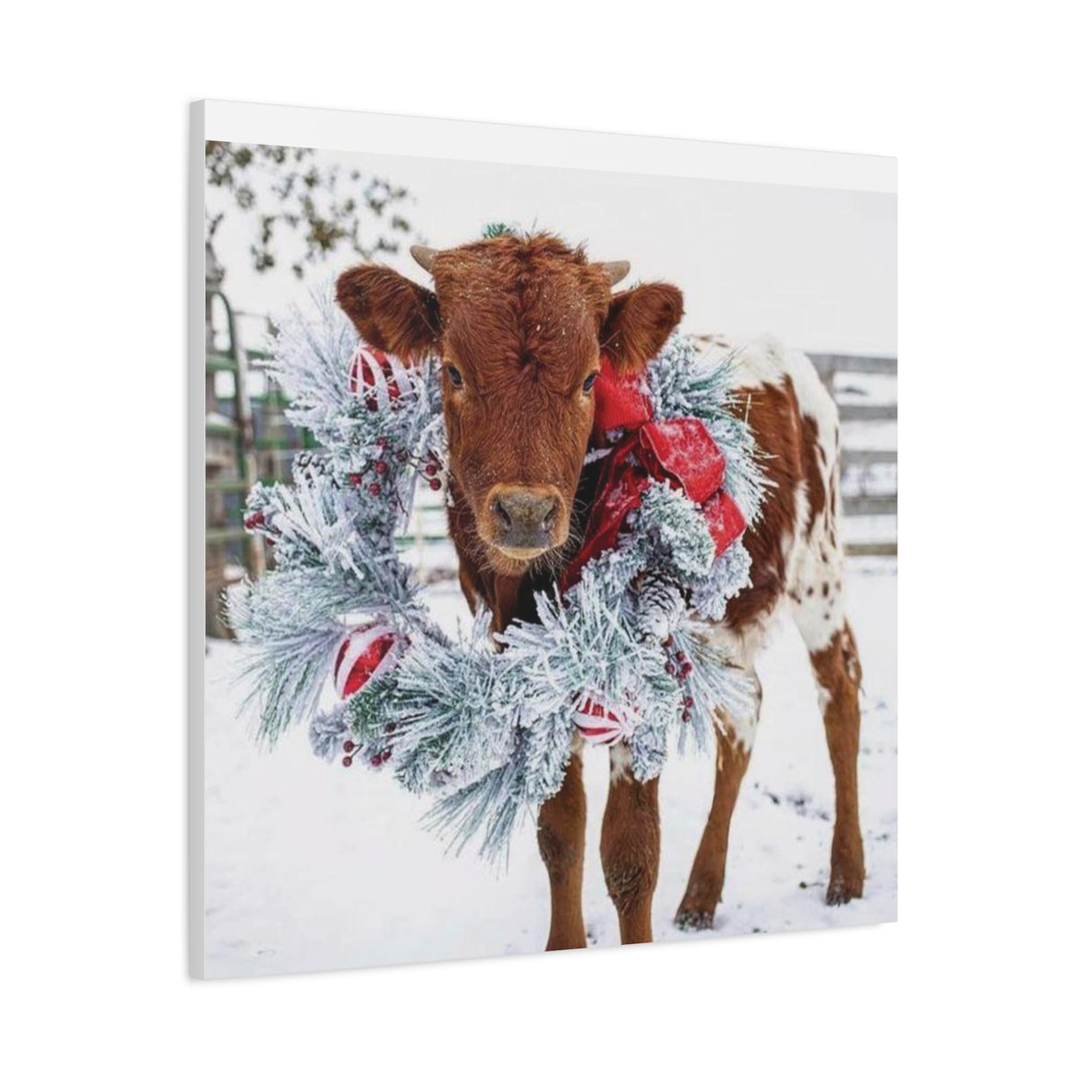 Holiday Calf Canvas Print — Festive Cow with Wreath Wall Art