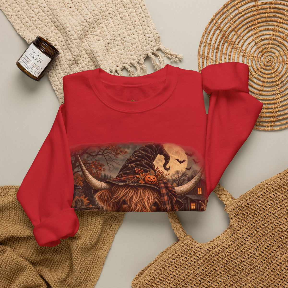 Halloween Highland Cow Sweatshirt – "Have a Moo-tifully Spooky Halloween" Crewneck-Flour and Foundry Mercantile Co.