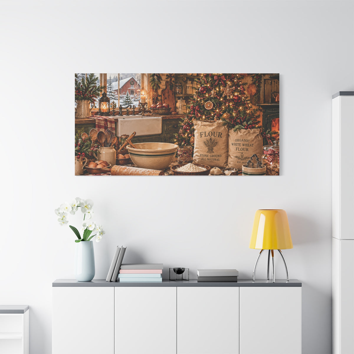 Christmas Kitchen Canvas Wall Art — Cozy Holiday Baking Scene, Rustic Farmhouse Holiday Decor