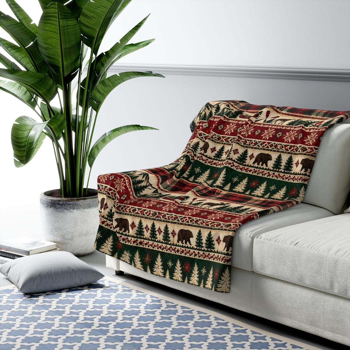Rustic Lodge Sherpa Blanket — Cabin Plaid with Moose, Bears & Pine Trees