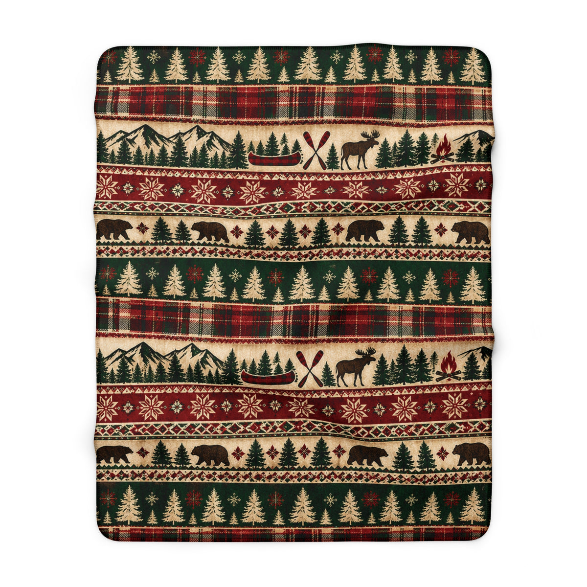 Rustic Lodge Sherpa Blanket — Cabin Plaid with Moose, Bears & Pine Trees