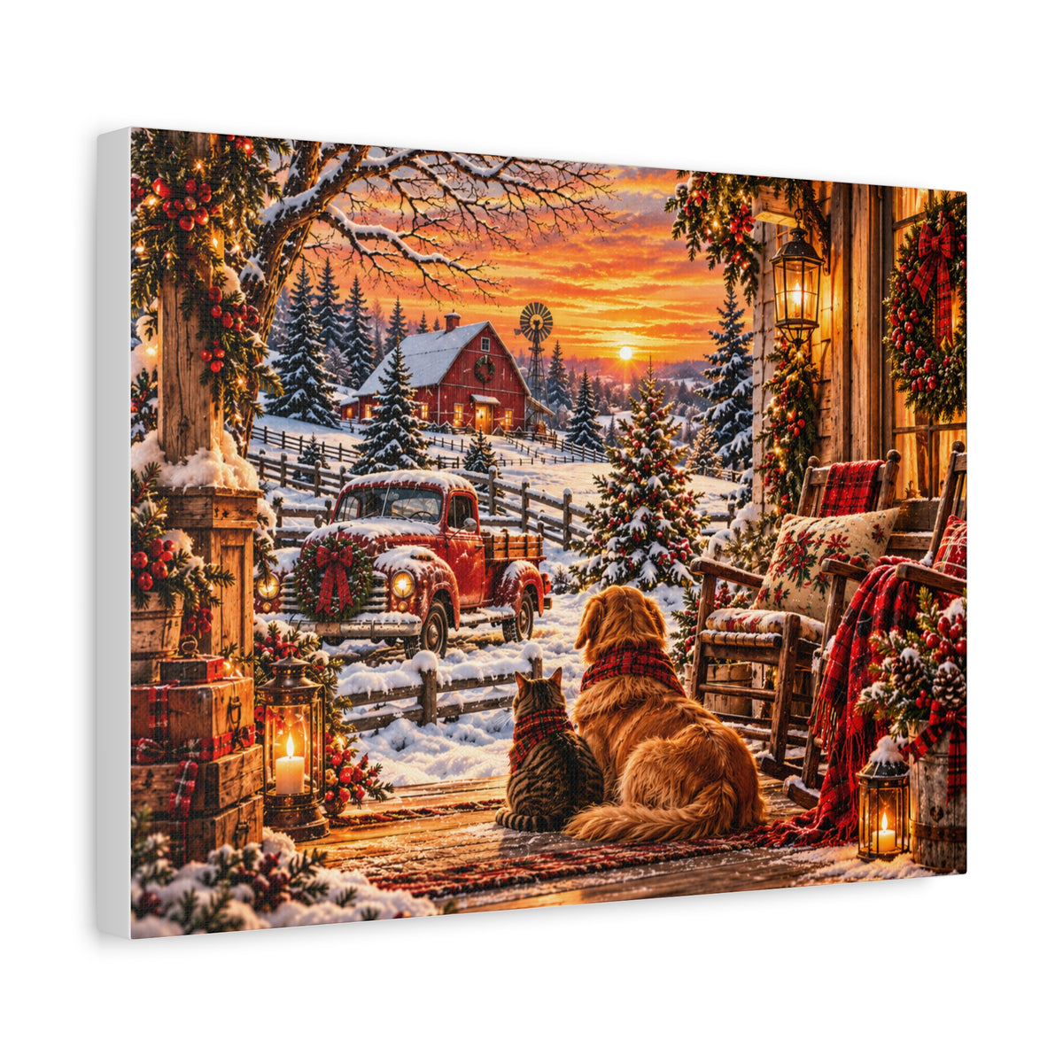 Snowy Winter Porch Scene with Dog & Cat-Christmas Farmhouse Canvas Print