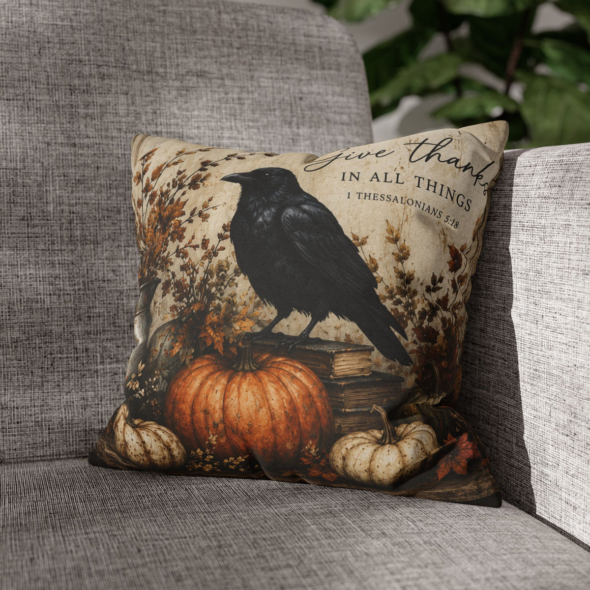 Give Thanks Crow Pumpkin Pillowcase | Fall Thanksgiving Decor