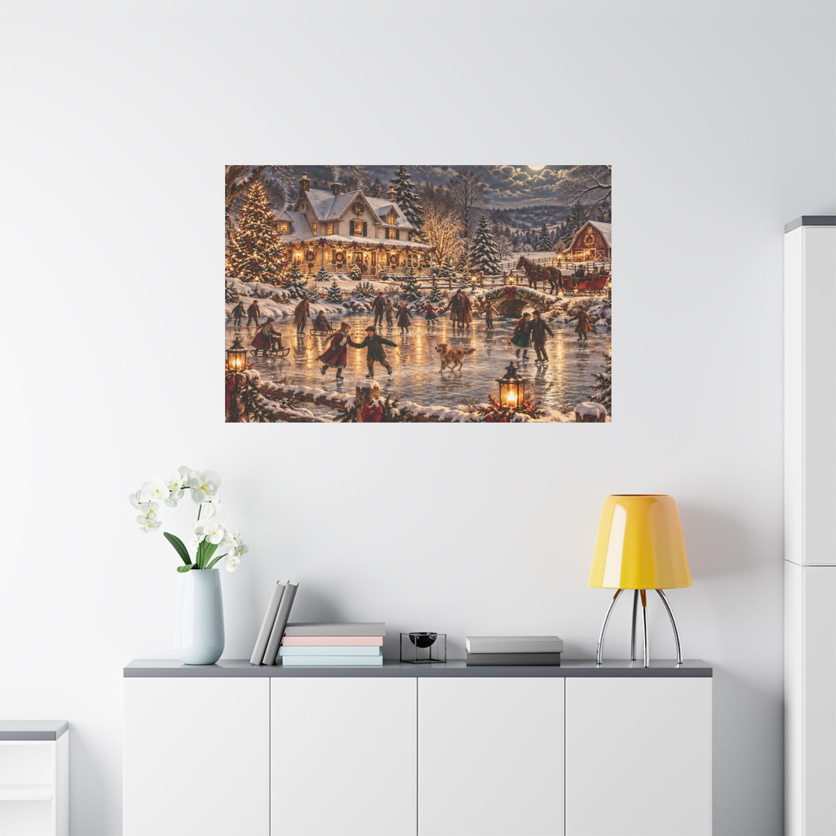 Christmas Village Ice Skating Matte Canvas Wall Art