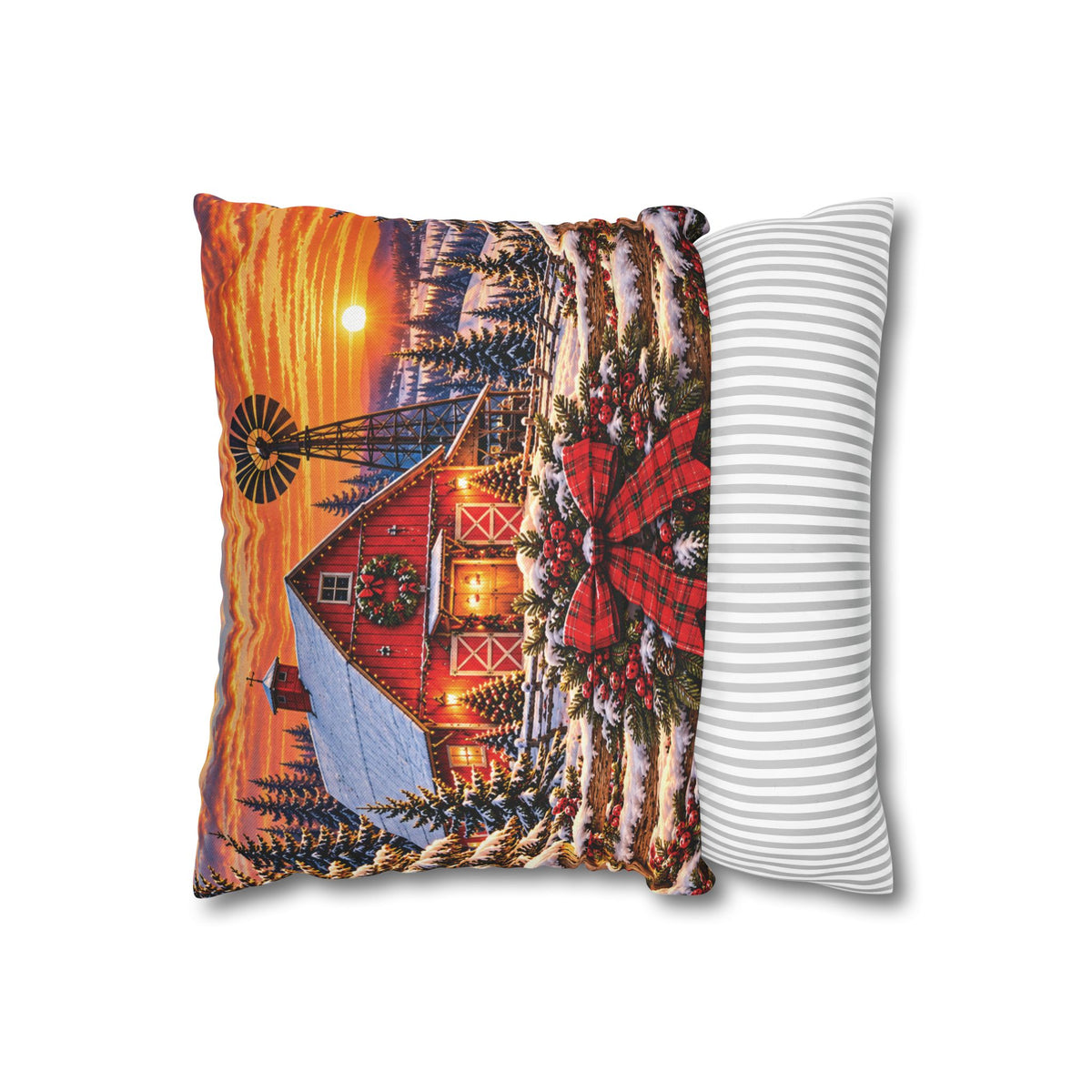 Christmas Barn and Cow Double Sided Pillowcase — Rustic Holiday Throw Pillow Cover