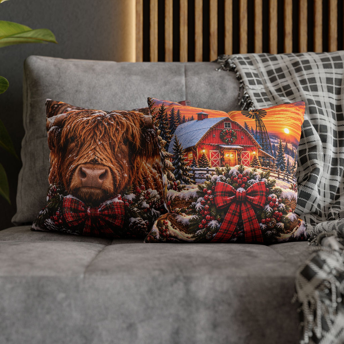 Christmas Barn and Cow Double Sided Pillowcase — Rustic Holiday Throw Pillow Cover