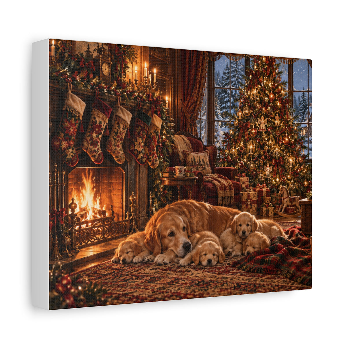 Cozy Christmas Dogs by the Fireplace Canvas Wall Art