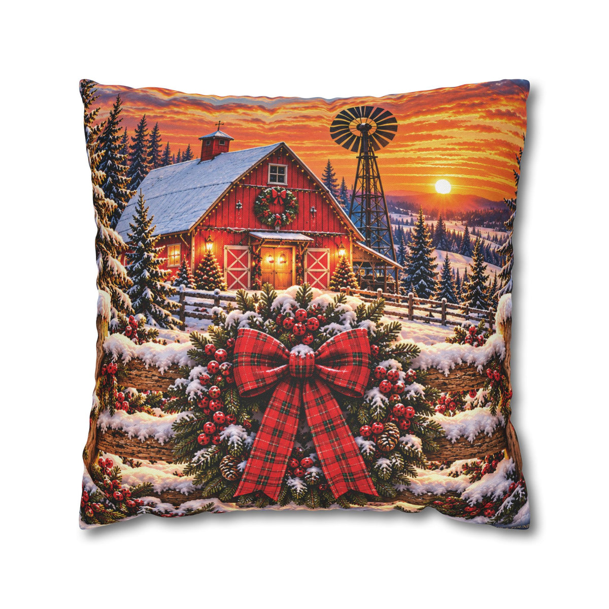 Christmas Barn and Cow Double Sided Pillowcase — Rustic Holiday Throw Pillow Cover