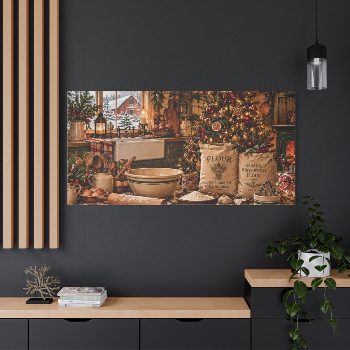 Christmas Kitchen Canvas Wall Art — Cozy Holiday Baking Scene, Rustic Farmhouse Holiday Decor