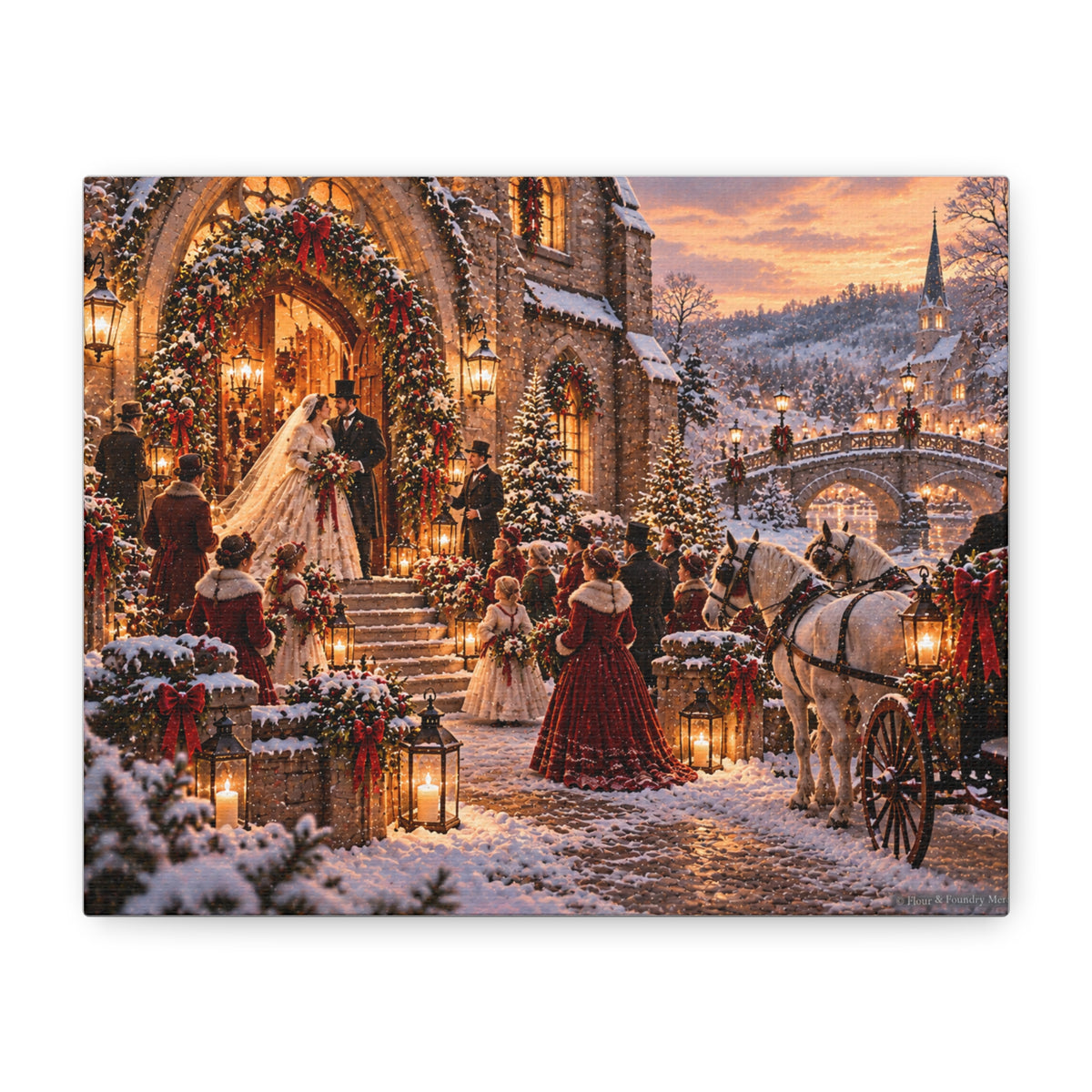 Victorian Christmas Wedding Church Scene Canvas