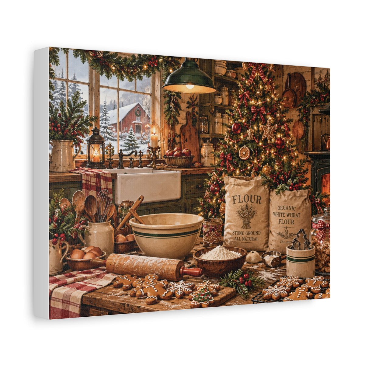 Christmas Kitchen Canvas Wall Art — Cozy Holiday Baking Scene, Rustic Farmhouse Holiday Decor