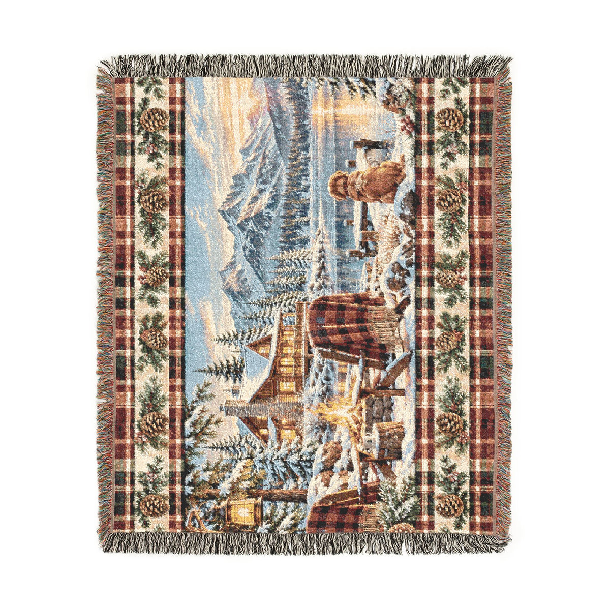 Rustic Mountain Lodge Woven Blanket – Winter Cabin, Golden Retriever and Lake Throw