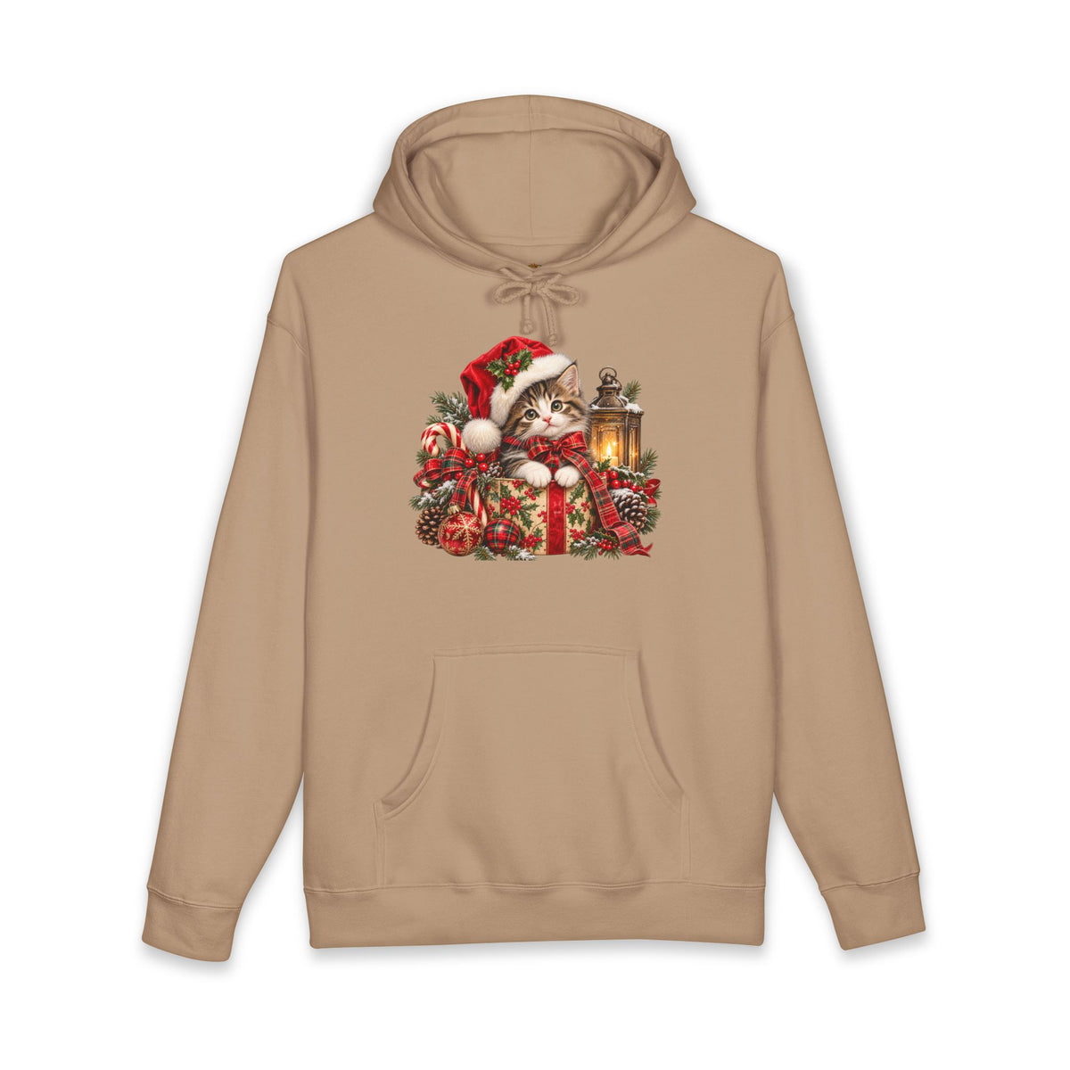 Christmas Cat Hoodie – Cute Kitten in Santa Hat with Lantern Holiday Sweatshirt