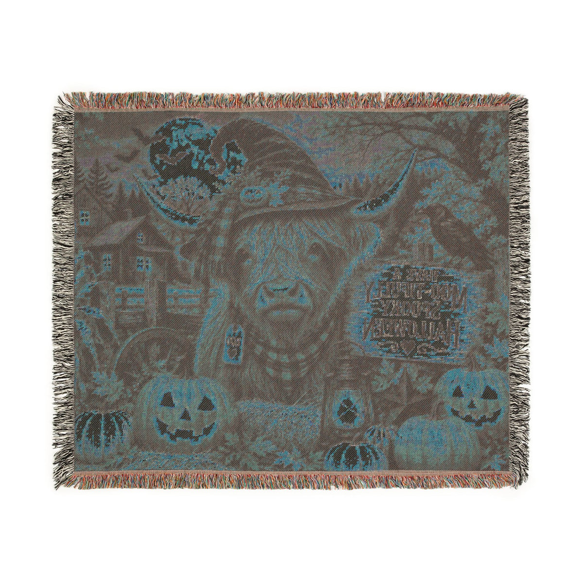 Highland Cow Witch Woven Blanket | Halloween Pumpkin Farm Throw