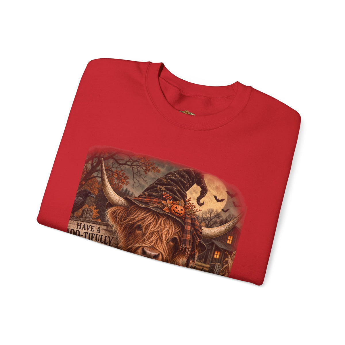 Halloween Highland Cow Sweatshirt – "Have a Moo-tifully Spooky Halloween" Crewneck-Flour and Foundry Mercantile Co.