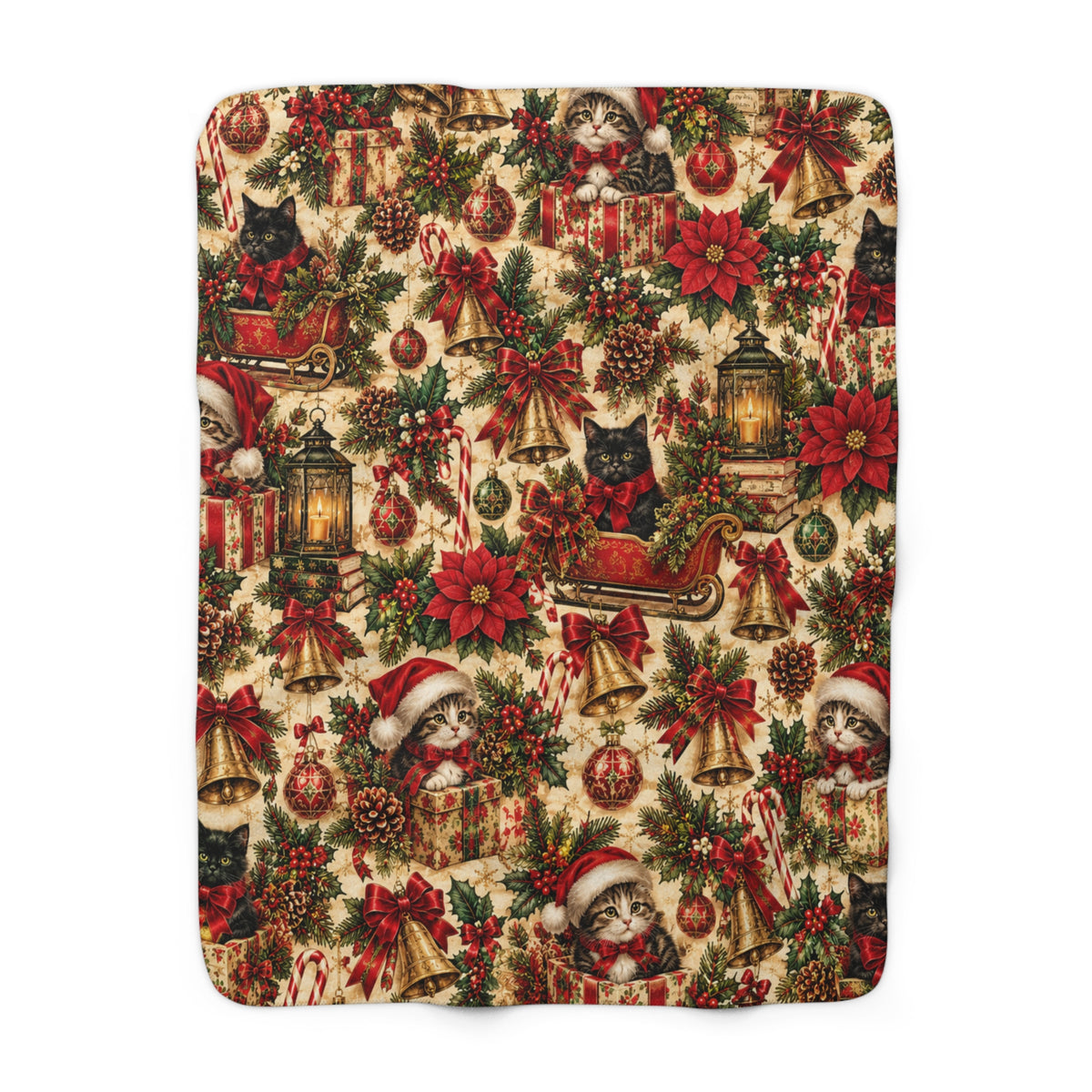 Christmas Poinsettia & Kitten Santa Sherpa Blanket — Festive Holiday Throw