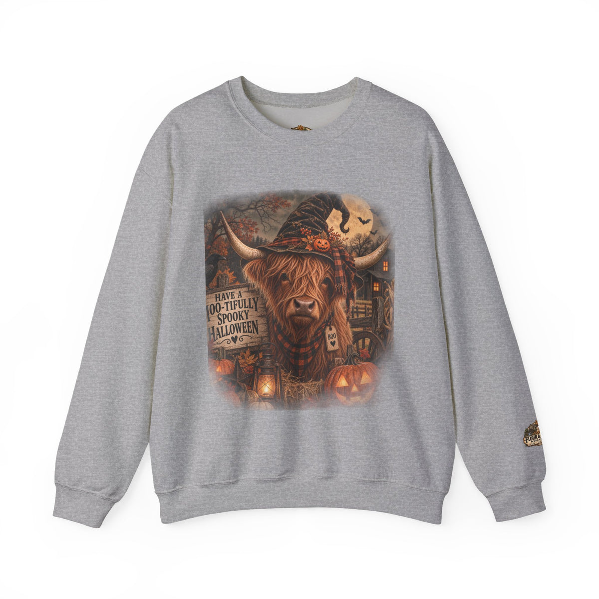 Halloween Highland Cow Sweatshirt – "Have a Moo-tifully Spooky Halloween" Crewneck-Flour and Foundry Mercantile Co.