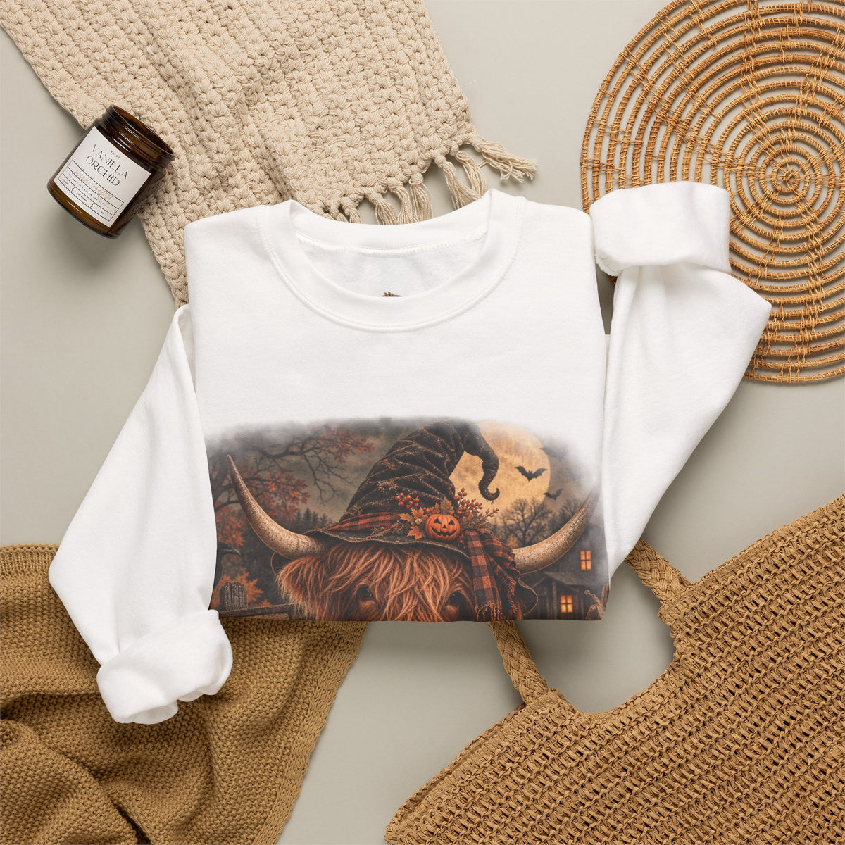 Halloween Highland Cow Sweatshirt – "Have a Moo-tifully Spooky Halloween" Crewneck-Flour and Foundry Mercantile Co.