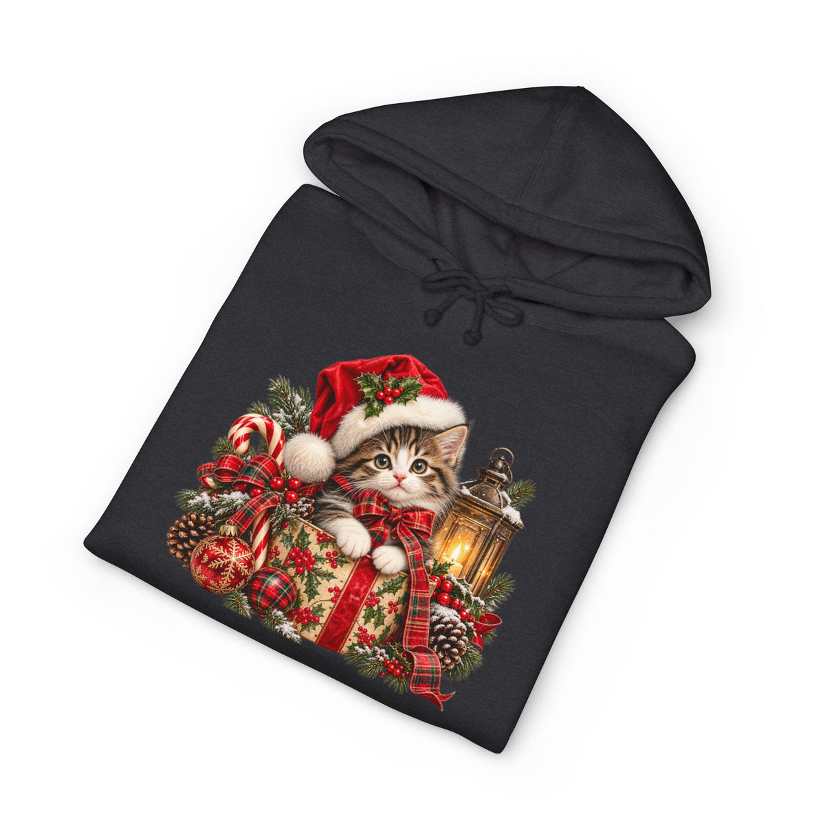 Christmas Cat Hoodie – Cute Kitten in Santa Hat with Lantern Holiday Sweatshirt