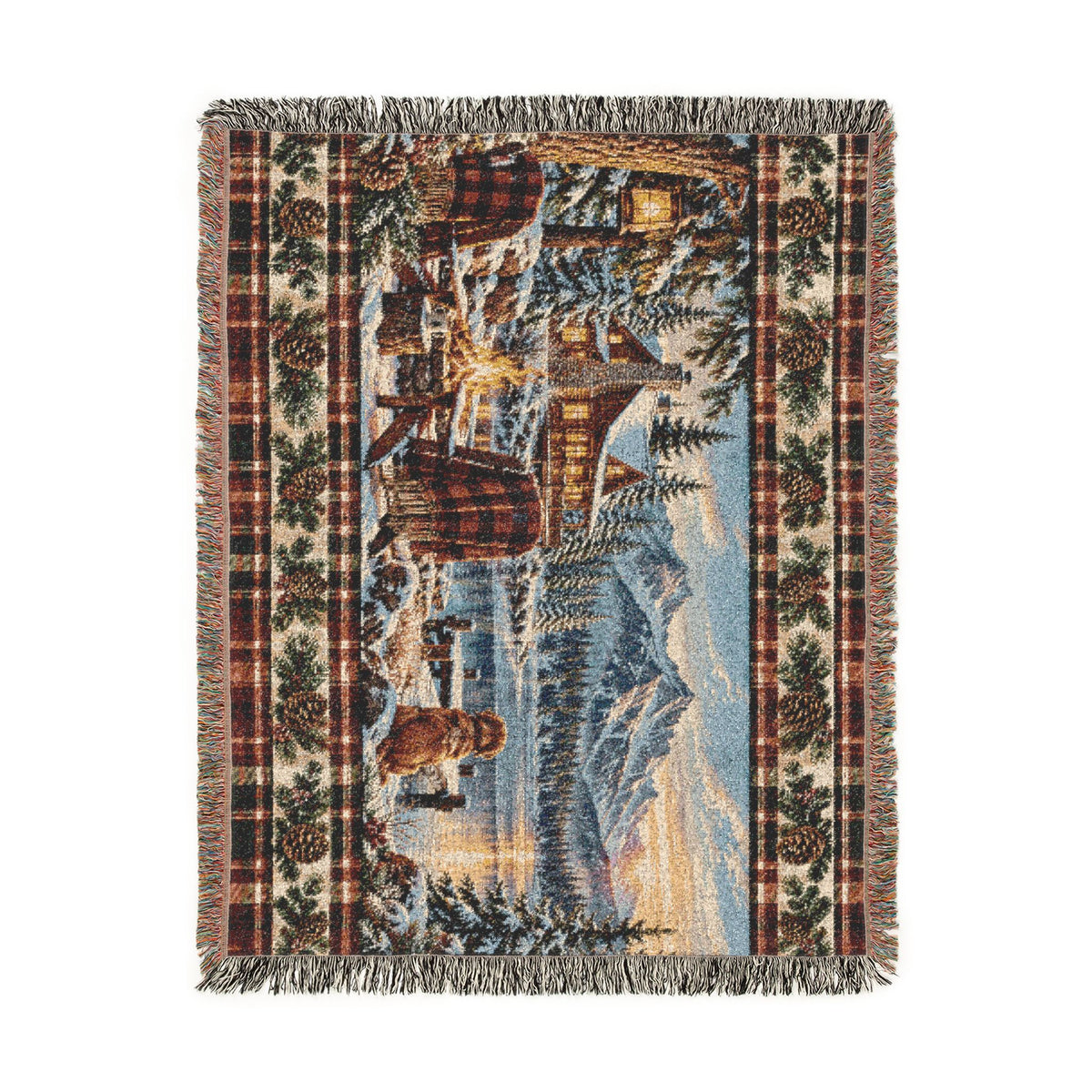 Rustic Mountain Lodge Woven Blanket – Winter Cabin, Golden Retriever and Lake Throw