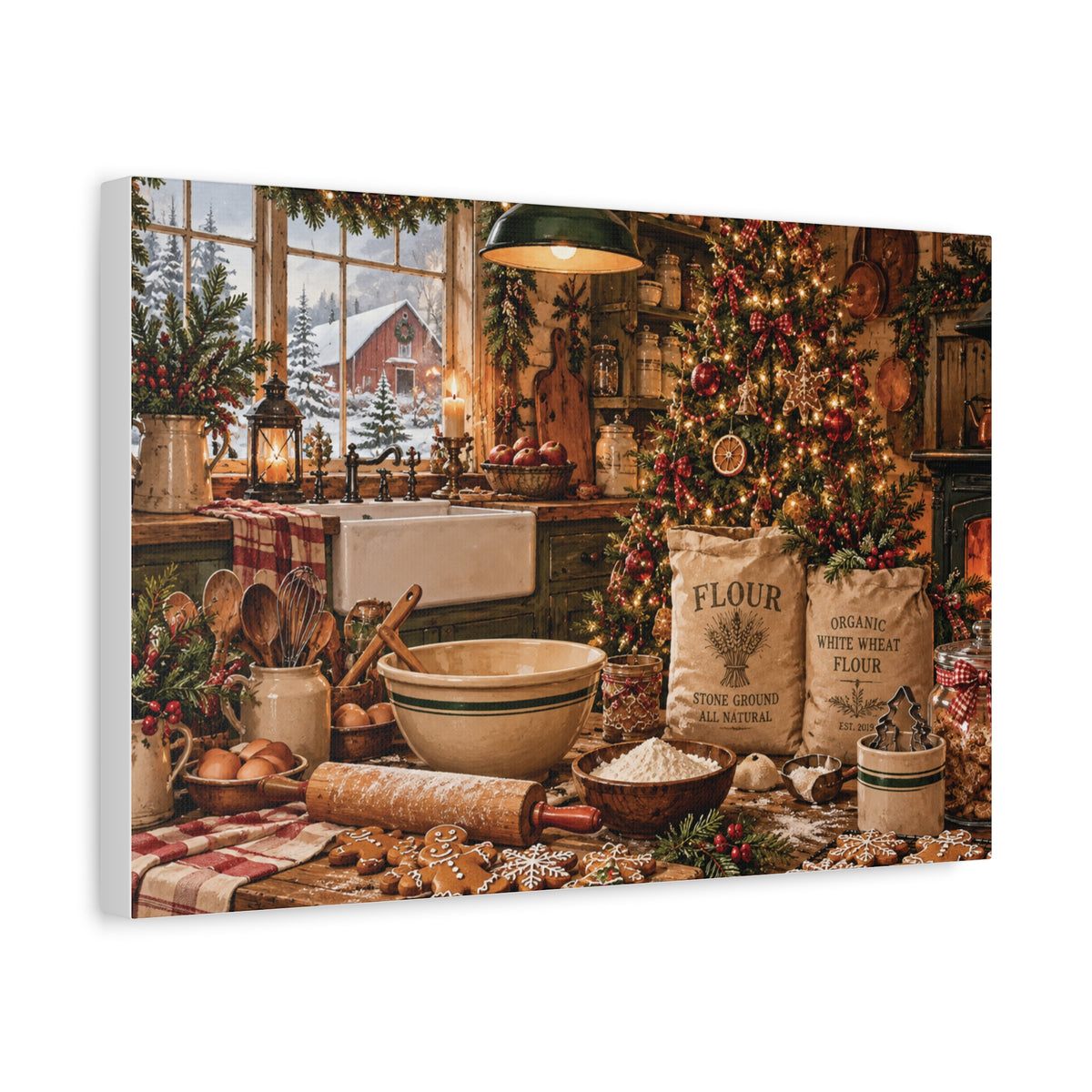 Christmas Kitchen Canvas Wall Art — Cozy Holiday Baking Scene, Rustic Farmhouse Holiday Decor