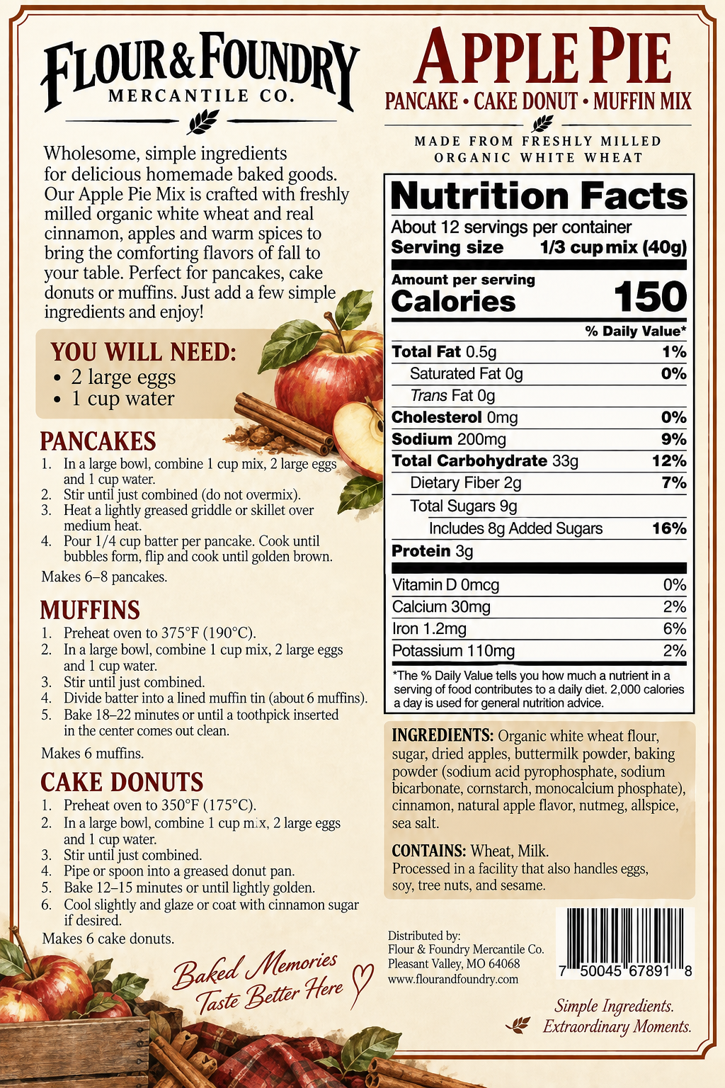 Apple Pie Pancake, Donut & Muffin Mix | Freshly Milled Organic Wheat | 16 oz