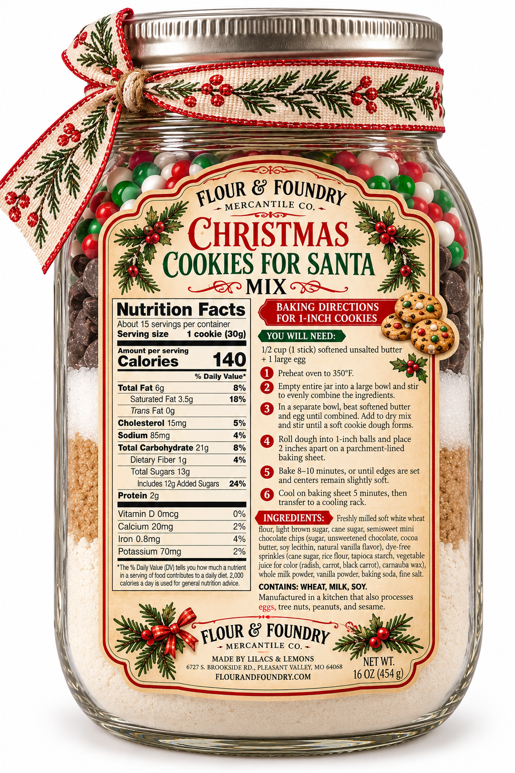 Christmas Cookies for Santa Mix in a Jar – Fresh Milled Flour Chocolate Chip Cookie Mix | 16 oz