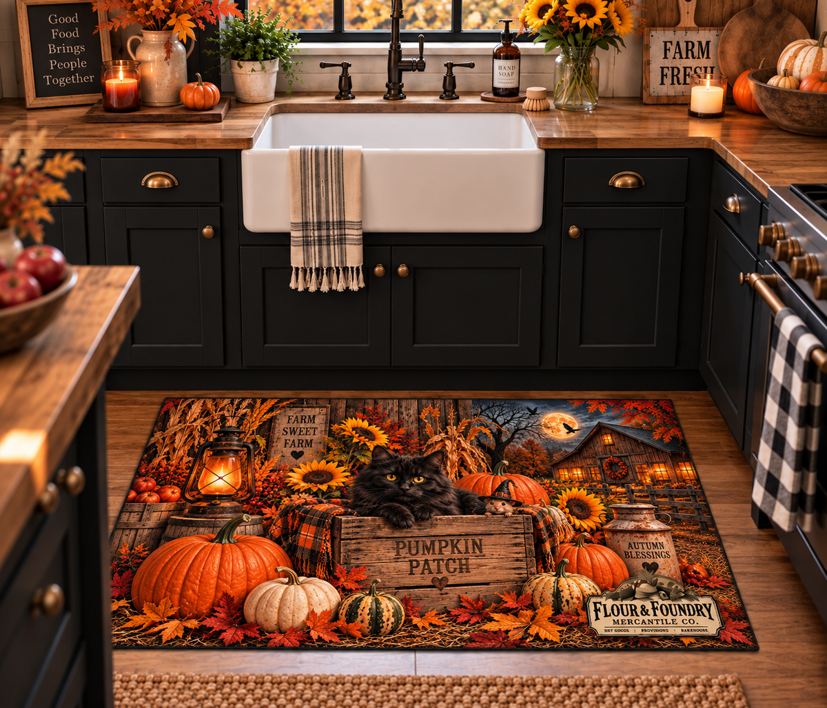 Halloween Black Cat Farmhouse Kitchen or Doormat | Flour and Foundry Mercantile Co.