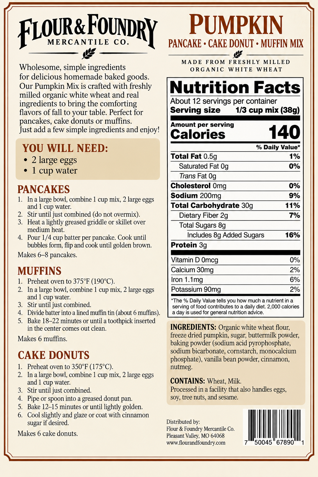 Flour & Foundry Mercantile Co. Fresh-Milled Organic Pumpkin Pancake, Cake Donut & Muffin Mix | 16 oz