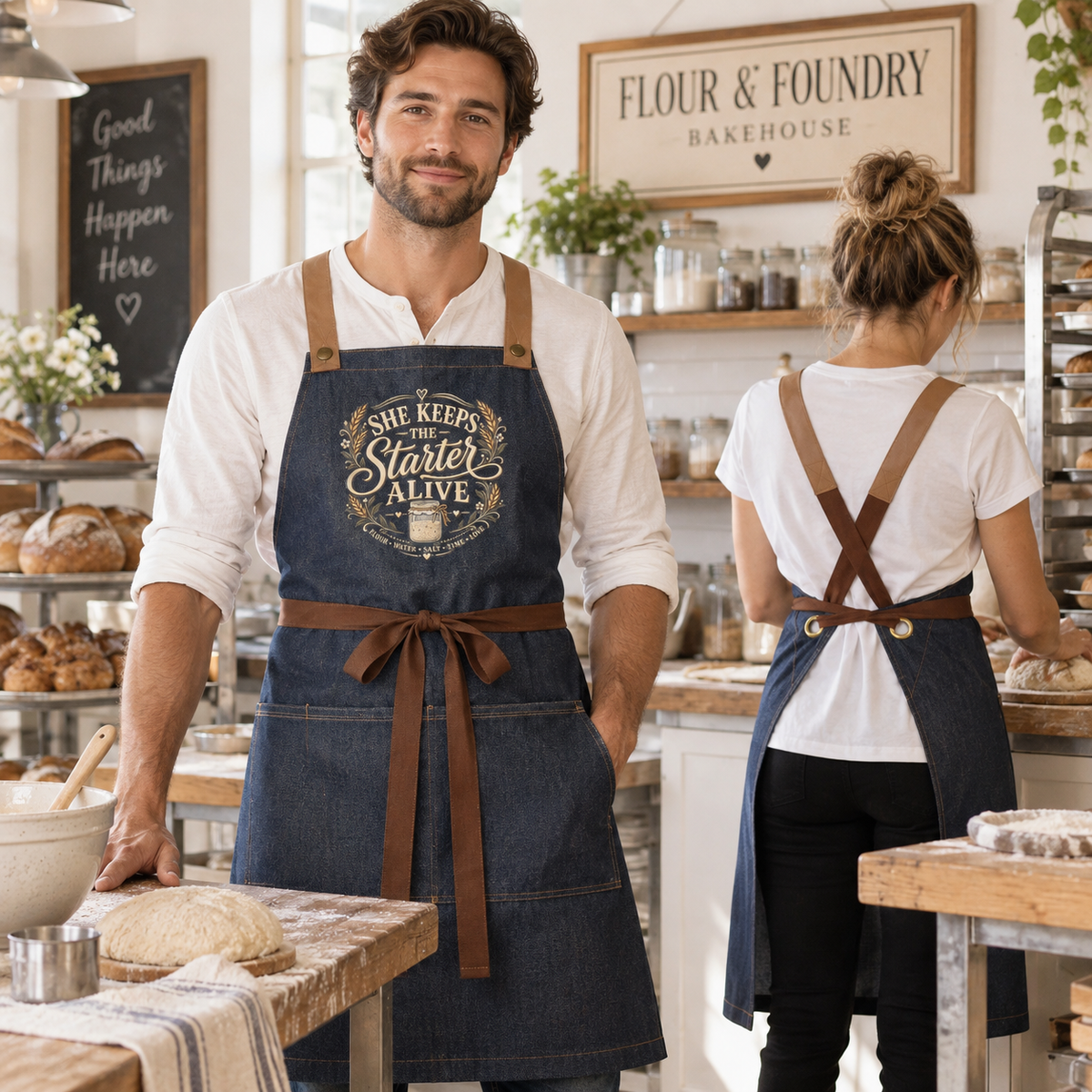 She Keeps the Starter Alive Denim Apron | Sourdough Bakery Apron